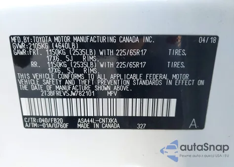 2018 Toyota Rav4 Le из США, поврежденный, VIN 2T3BFREV5JW782101